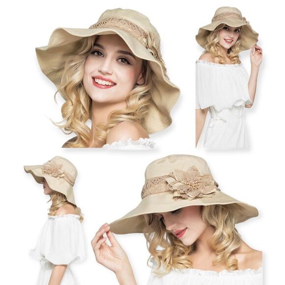 Khaki Wide Brim Floral Lace Band Foldable Adjustable Wide Brim Summer Sun Hat
